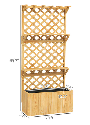 Raised Garden Bed, Wooden Planter with Trellis, Hanging Roof, Plant Shelf, Drainage Holes and Bed Liner, Natural