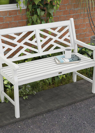 Outdoor Garden Bench, Wooden Frame Patio Bench with Geometric Pattern, 43.25 Inch Weatherproof 2-Person Love Seat for Garden, Lawn, Porch, Yard, Work Entryway, White