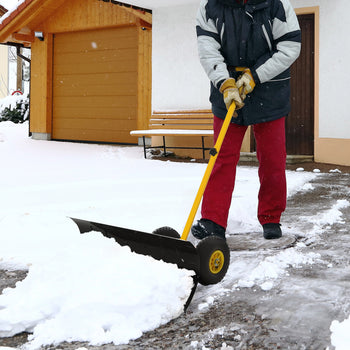 29" Blade Rolling Snow Pusher Shovel with Wheels and Adjustable Handle Yellow