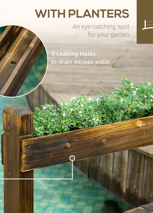 7.5' Wooden Garden Bridge with Planters, Stained Finish Arc Footbridge with Safety Railings for Backyard, Pond Stream, Stained Wood