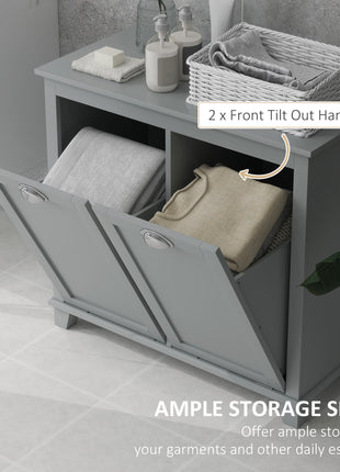 Dual Tilt out Laundry Hamper Cabinet, Bathroom Storage Cabinet with 2-Compartment Hamper, Modern Bathroom Floor Cabinet for Washroom, Gray