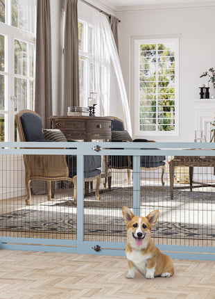 71" W x 27.25" H Extra Wide Freestanding Pet Gate with Adjustable Length Dog, Cat, Barrier for House, Doorway, Hallway, Blue-Gray