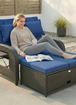 Patio Rattan Daybed, Wicker Outdoor Daybed with Storage Ottoman, Loveseat w/ Adjustable Backrest, Navy Blue