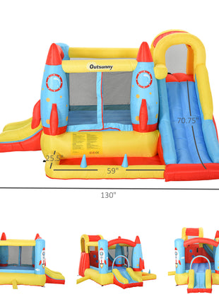 Kids Bounce House, 4-in-1 Rocket Inflatable Water Slide Jumping Castle with 2 Slides, Climbing Wall, Trampoline, & Water Pool Area, Air Blower