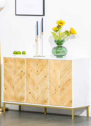 3 Door Sideboard Buffet Cabinet, Coffee Bar Cabinet with Chevron Pattern, Adjustable Shelf and Metal Legs, Natural Wood