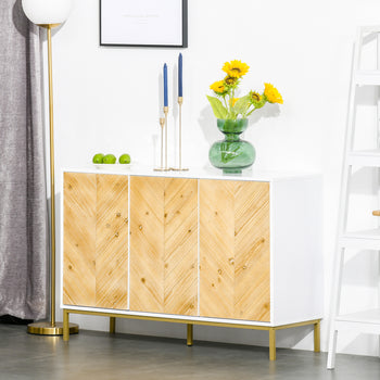 3 Door Sideboard Buffet Cabinet, Coffee Bar Cabinet with Chevron Pattern, Adjustable Shelf and Metal Legs, Natural Wood