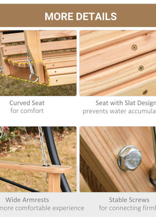 3-Seater Wooden Porch Swing, Patio Swing Bench with Folding Coffee Table, Cup Holders and Chains Included, 440lbs Weight Capacity, Natural