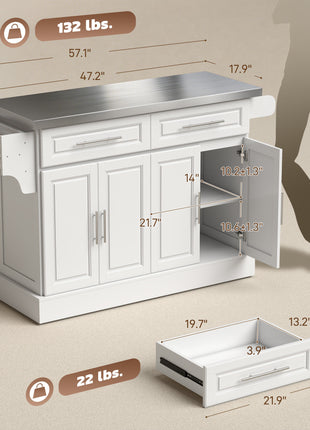 Rolling Kitchen Island Cart with 47" Stainless Steel Top, Portable Island Table for Kitchen with Wheels, Adjustable Shelves, 2 Drawers, Spice, Knife and Towel Rack, White