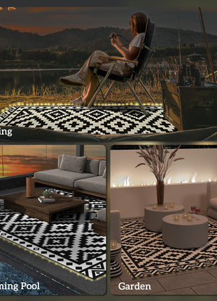 Outdoor Rug Carpet Reversible Plastic Straw Rug with LED Lights Black and White 12' x 9' for Patio