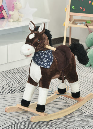 Kids Plush Ride-On Rocking Horse Toy Cowboy Rocker with Fun Realistic Sounds for Child 3-6 Years Old, Brown