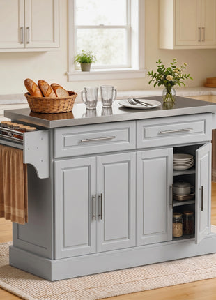 Rolling Kitchen Island Cart with 47" Stainless Steel Top, Portable Island Table for Kitchen with Wheels, Adjustable Shelves, 2 Drawers, Spice, Knife and Towel Rack, Gray