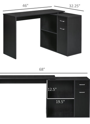 L Shaped Computer Desk, 180° Rotating Corner Desk with Storage Shelves, Drawer and Cabinet, Study Workstation for Home Office, Black