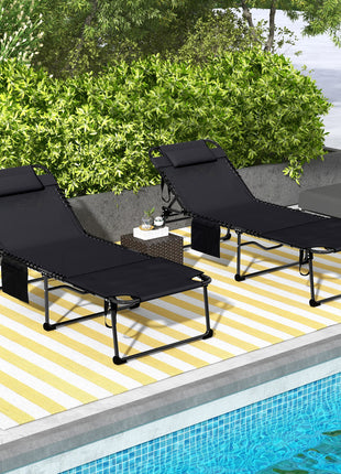 2 Piece Folding Chaise Lounge Pool Chairs with 5-level Reclining Back, Reading Hole, Side Pocket, Black
