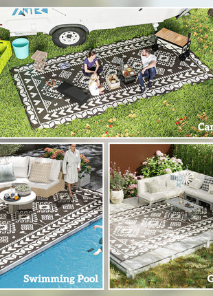 Reversible Outdoor Rug, Waterproof Plastic Straw with Carry Bag, 9' x 18', Black & White Rhombus Patchwork