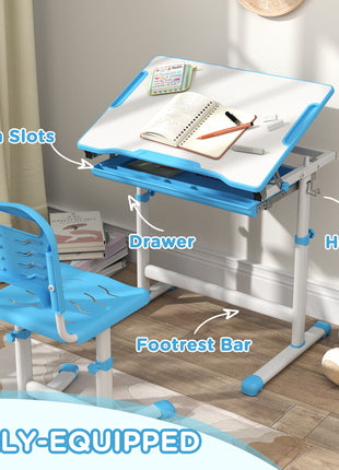 Height Adjustable Kids Desk and Chairs Set with Tilt Desktop, Storage Drawer, Pen Slot, Hook, Blue