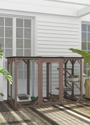 Outdoor Cat House, Catio Wooden Feral Cat Shelter, Cat Cage with Platforms, Large Enter Door, Weather Protection Asphalt Roof, 71" L, Brown