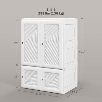 Portable Wardrobe, Foldable Clothes Storage Organizer with 3 Compartments, Hanging Rod, Magnet Doors, White