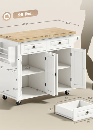 44" Mobile Kitchen Island Table, Kitchen Island Cart on Wheels with Storage Cabinets, 2 Drawers, White