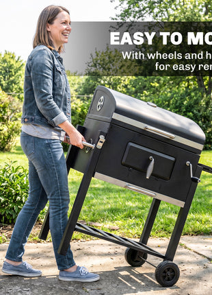 Charcoal BBQ Grill and Smoker Combo Outdoor Portable Trolley Camping Picnic Backyard with Side Shelf, Black