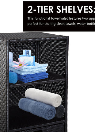 Poolside Towel Cabinet, Rattan Wicker with Storage,2-Tier Shelves and Bottom Drawer, for Pool, Patio Backyard, 47", Dark Brown