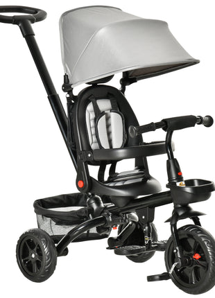 Kids Tricycle, 4 in 1 Foldable Trike with Reversible Seat, Adjustable Parent Handle, Safety Harness, Wheel Brakes, Removable Canopy, Storage, Tricycle for Toddlers 1-5 Years, Gray
