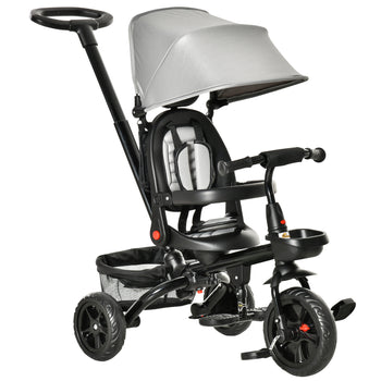 Kids Tricycle, 4 in 1 Foldable Trike with Reversible Seat, Adjustable Parent Handle, Safety Harness, Wheel Brakes, Removable Canopy, Storage, Tricycle for Toddlers 1-5 Years, Gray