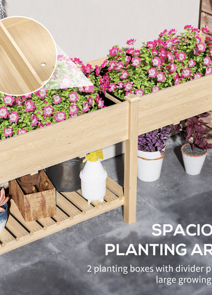 Wood Raised Garden Box, Elevated Garden Bed with Side Table, Bottom Shelf, Bed Liners and Drainage Holes, Natural