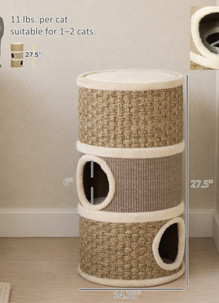28 Inch Cat Condo, 3 Story Cat Hideaway with Sisal Scratching Pad