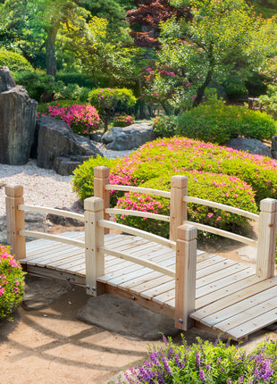 5 ft Wooden Garden Bridge Arc Footbridge with Railings for your Backyard, Natural Wood