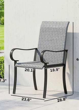 Set of 4 Outdoor Wicker Dining Chairs with Armrest, Steel Frame, High Back and Deep Seating, Gray