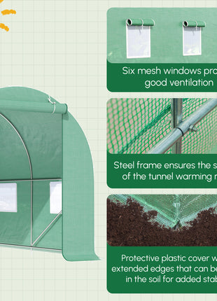 15' x 7' x 7' Walk-in Tunnel Hoop Greenhouse, Green House for Outside with PE Cover, Steel Frame, Roll-Up Zipper Door & Windows for Flowers, Vegetables, Tropical Plants, Green