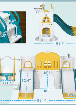 8 in 1 Toddler Slide and Swing Set w/ 2 Slides, Basketball Hoop, Climber, Storage Space Telescope, Yellow