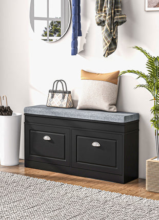 Modern Shoe Storage Bench, Entry Way Bench with Cushion, 2 Drawers, Storage Ottoman Bench, Holds 8 Pairs, Black