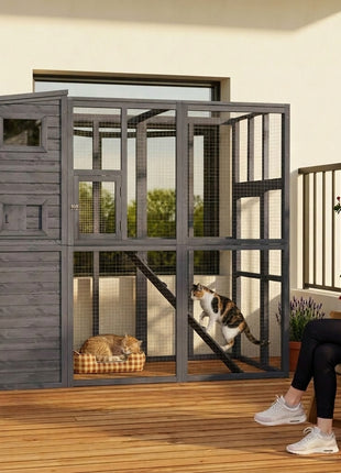 Wooden Outdoor Catio with Platforms, Asphalt Roof, Ramps, Gray