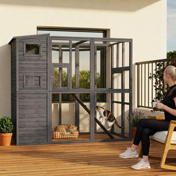 Wooden Outdoor Catio with Platforms, Asphalt Roof, Ramps, Gray