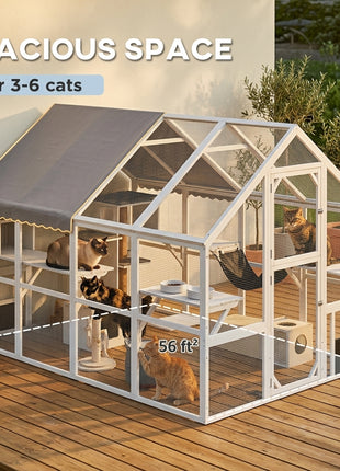 Wooden Catio Outdoor Cat Enclosure with Waterproof Cover, 2 Condos, 6 Platforms, Bridge, Doors, White