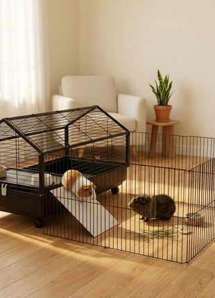 Small Animal Playpen Cage with Rolling Caster, Water Bottle 46.5"