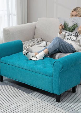 50 Inches Storage Ottoman, End of Bed Bench with Rolled Arms, Wood Legs, Button Tufted Storage Bench, Teal