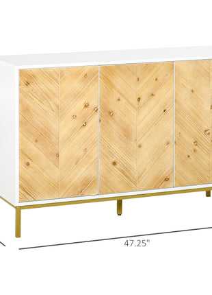 3 Door Sideboard Buffet Cabinet, Coffee Bar Cabinet with Chevron Pattern, Adjustable Shelf and Metal Legs, Natural Wood