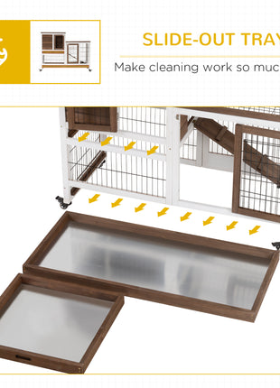 Wooden Rabbit Hutch Elevated Bunny Cage Indoor Small Animal Habitat with Enclosed Run with Wheels, Ramp, Removable Tray for Rabbits, Chickens, Ducks, Guinea Pigs, Brown