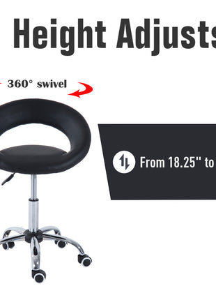 Crescent Rolling Salon Stool with Adjustable Height, Breathable Open Back, Foam Cushion Seat, and 5 Caster Wheels, Black