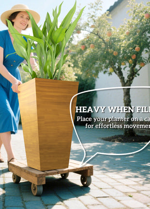 Set of 3 Tall Planters, 28" Outdoor Planter w/ Drainage Holes, Faux Wood Plastic Flower Pots, Light Brown