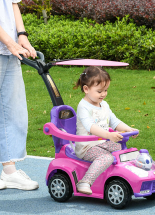 3 in 1 Push Car Sliding Car with Removable Handle, Music, Horn, Canopy, Safety Guardrail, Pink