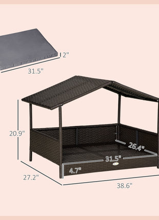 Wicker Dog House Outdoor with Canopy, Rattan Dog Bed with Water-resistant Cushion, Raised Pet Bed for Small, Medium Breeds up to 66 lbs, 20" in Length, Brown Wicker, Gray Cushion