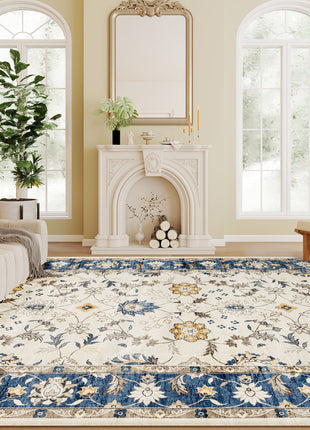 Machine Washable Area Rug 5x7, Non-Slip Boho Floral Print Floor Carpet for Living Room, Bedroom, Dining Room, Blue