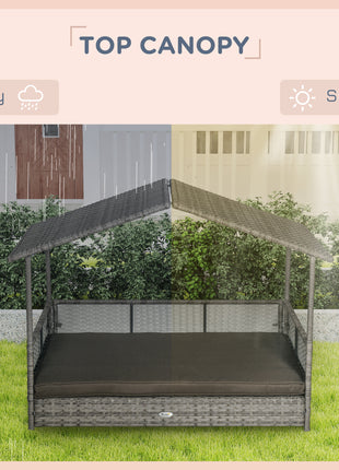 Outdoor Dog Bed with Canopy, Rattan Dog Bed with Soft Cushion Removable Cover for Medium and Large Dogs, Charcoal Gray