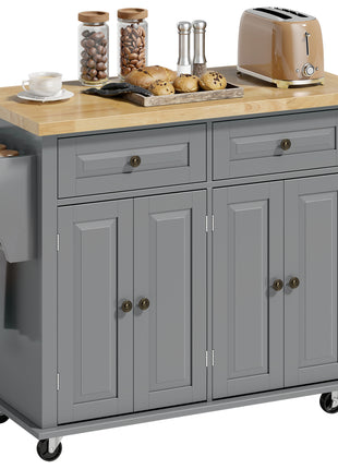 44" Mobile Kitchen Island Table, Kitchen Island Cart on Wheels with Storage Cabinets, 2 Drawers, Gray