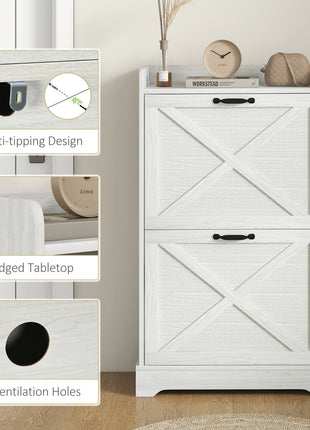 Slim Shoe Storage Cabinet, Farmhouse Shoe Cabinet with 2 Flip Drawers, Adjustable Shelves for 8 Pairs, Distressed White
