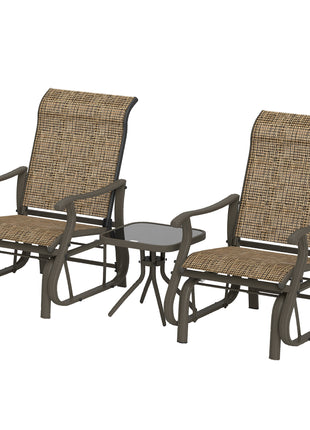 3-Piece Outdoor Gliders Set Bistro Set with Steel Frame, Tempered Glass Top Table for Patio, Garden, Light Mixed Brown