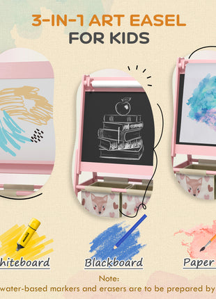 Art Easel for Kids with Paper Roll, Blackboard, Whiteboard, Storage, Pink